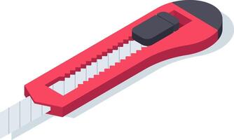 Red utility knife featuring a retractable blade and safety lock, designed for ergonomic comfort and precision cutting, resting on a clean white background vector