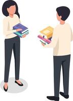 Two office workers are exchanging books, holding piles of colorful volumes in their hands, suggesting collaboration and knowledge sharing within a professional setting vector