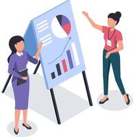 Two businesswomen presenting marketing data analysis on a whiteboard using bar and pie charts, explaining positive growth and business strategies during a meeting vector