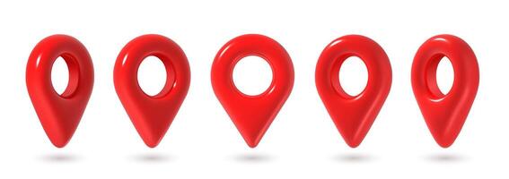3d pins. Red map location pin in various position, GPS point. Place marker for maps, navigation pointer for app. Destination glossy realistic icons isolated set vector