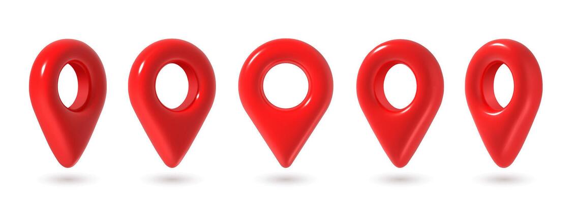 3d pins. Red map location pin in various position, GPS point. Place marker for maps, navigation pointer for app. Destination glossy realistic icons isolated set
