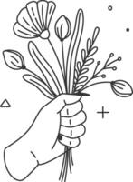 Hand drawn illustration of a hand holding a bouquet of flowers with a minimalist line art design, perfect for greeting cards, invitations, or any other project vector