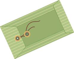 Closed green paper envelope with thin beige stripes and brown string wrapped around two golden buttons, isolated on white background, representing traditional communication or secret message vector