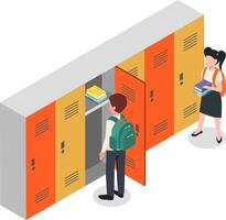 Two students are using school lockers, one is putting books inside while another is holding books in her hands, both wearing backpacks in an isometric illustration vector