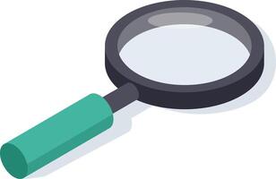 Magnifying glass featuring a green handle, casting a shadow against a white background, emphasizing the act of searching and magnifying details in an isometric view vector