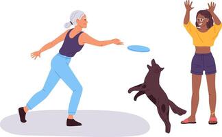 Two joyful women, one older and one younger, enjoying a lively game of frisbee in the park, while their playful dog leaps around, adding to the fun and excitement of the day vector