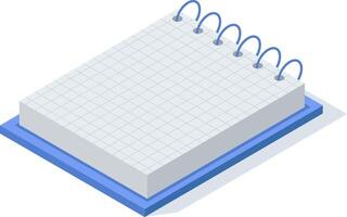 Notepad with blank squared sheets and blue spiral binding placed on a blue support, isometric view, ideal for writing notes, ideas, to do lists or reminders vector