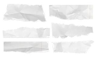 Ripped paper strips. Realistic crumpled paper scraps, white torn notebook sheets with shadow. Ripped papers with crumpled grange texture. Scrapbook banners set vector