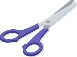 Professional scissors featuring purple handles, slightly open and poised to cut an invisible object, showcase a simple yet elegant design from an isometric perspective vector