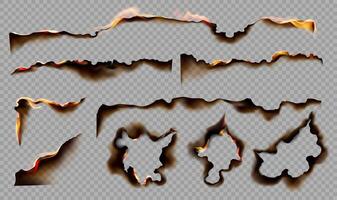 Burning paper borders. Realistic burning paper edges with red flame, frame with charred burnt edge, black ash and fire. Scorched and smoldering holes. 3D set vector