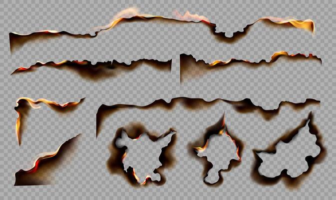 Burning paper borders. Realistic burning paper edges with red flame, frame with charred burnt edge, black ash and fire. Scorched and smoldering holes. 3D set