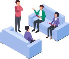 Four managers are having a business meeting sitting on comfortable sofas, discussing company strategy and new projects using documents and brainstorming vector