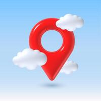 Location 3d pin. Red map pin in blue sky with white cloud. Realistic place marker, navigation GPS pointer. travel and destination concept in 3D rendering soft style vector