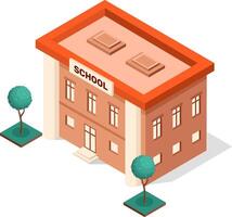 Isometric school building with trees representing education, learning, knowledge, back to school, college, university, academy, institute, campus and student life vector