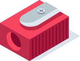 Red pencil sharpener with a metal blade, useful for students and office workers creating a point on pencils, seen from an isometric perspective vector
