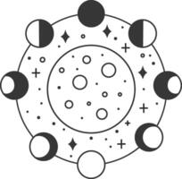 Minimalist black and white illustration of the moon phases rotating around a full moon, symbolizing the cyclical nature of time and celestial bodies vector