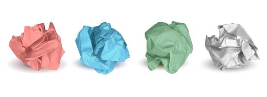 Multicolor garbage paper balls. White, green and blue, red crumpled balls of used rubbish scrunched paper. Color wrinkled crumple wads isolated set vector