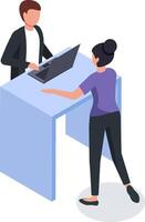 Office colleagues engaging in collaboration on a project, utilizing a laptop at a standing desk, fostering teamwork and embodying modern office practices for enhanced productivity vector