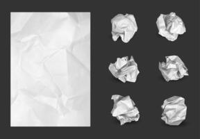 Crumpled balls and paper sheet. Crumple scrunched used white paper sheet with crinkles and trash ball. isolated set for garbage concept vector