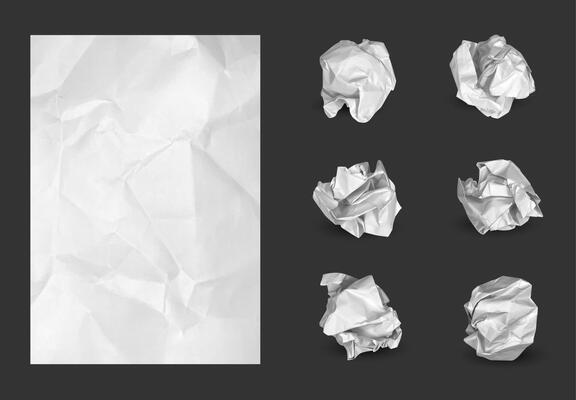 Crumpled balls and paper sheet. Crumple scrunched used white paper sheet with crinkles and trash ball. isolated set for garbage concept