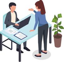 Office workers having conversation, businessman working on laptop, businesswoman explaining something, contract and documents on table, plant in pot, isometric business concept vector