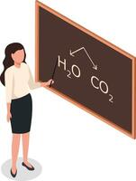 Female chemistry teacher using pointer stick while explaining chemical formula of water and carbon dioxide on blackboard during chemistry lesson in isometric illustration vector