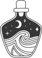 Magic potion bottle with crescent moon, stars and ocean waves at night representing sea witchcraft, potion making, and spell casting, perfect for esoteric, mystical, and fantasy concepts vector