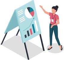 Businesswoman presenting marketing data analysis, explaining company strategy during a business meeting, using a whiteboard with charts and graphs, showing positive growth and success vector
