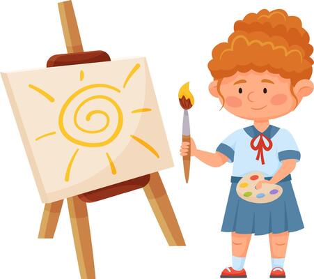 Redhead schoolgirl in uniform holding brush and palette painting yellow sun on canvas standing on wooden easel, practicing her talent and expressing creativity