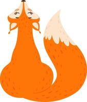 Orange stylized fox sitting with closed eyes, looking up playfully, featuring a big fluffy tail curving elegantly. Simple cartoon illustration capturing an adorable character vector