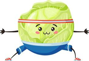 Funny smiling cabbage wearing a headband and shorts, stretching and exercising, promotes a healthy lifestyle along with a vegan and vegetarian diet in a vibrant, playful way vector