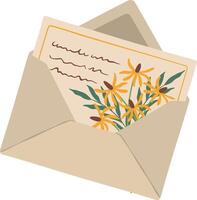 Handwritten letter with yellow flowers and green leaves emerging from a beige slightly open envelope, conveying a message of love and affection vector