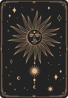 Golden esoteric sun face shining in the dark, surrounded by stars, moons and geometric shapes, creating a mystical and celestial atmosphere vector