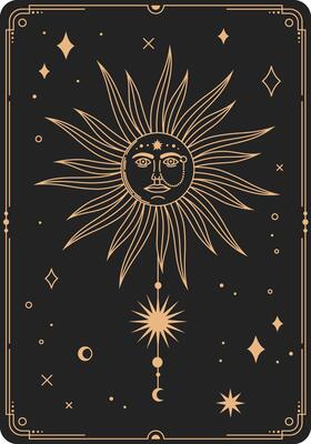 Golden esoteric sun face shining in the dark, surrounded by stars, moons and geometric shapes, creating a mystical and celestial atmosphere
