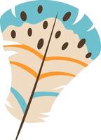 Colorful feather with light brown and white vane, blue and orange stripes, and dark brown dots, offering a vibrant and decorative element for various design purposes vector