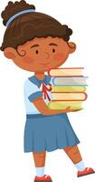 Young girl in a school uniform carefully balancing a heavy stack of colorful textbooks, showcasing dedication to education and a passion for learning in her academic journey vector