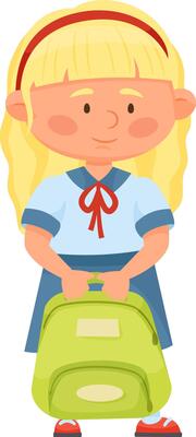 Blonde schoolgirl wearing a uniform, happily holding her green backpack, preparing for another exciting day of learning, embodying the spirit of going back to school in this full length portrait