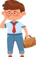 Cute boy with round glasses and red tie, adjusting his glasses while holding a brown briefcase, portraying a smart and business ready appearance, perfect for educational or career themed projects vector