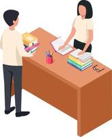 Librarian managing books at the library counter while a student is holding a pile of books, isometric illustration representing library services, education and knowledge vector