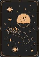 Elegant hand adorned with rings and long nails reaching for a magic potion, surrounded by stars and geometric shapes in a mystical, boho style vector