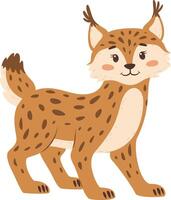 Cartoon illustration featuring a lynx with brown fur and dark spots, smiling happily while standing and looking forward against a clean white background, exuding charm and friendliness vector