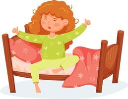 Red haired girl yawning and stretching after waking up, sitting on a wooden bed with pink bedsheets and pillows, enjoying a peaceful morning routine vector