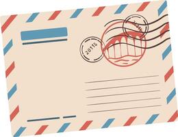 Beige vintage airmail envelope with red and blue edges, featuring a circular stamp of a bridge over water and various postmarks, evoking nostalgia for historical communication vector