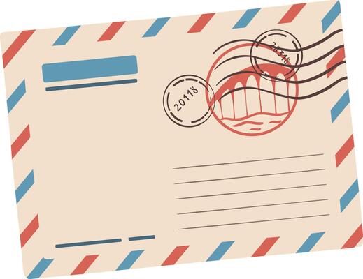 Beige vintage airmail envelope with red and blue edges, featuring a circular stamp of a bridge over water and various postmarks, evoking nostalgia for historical communication