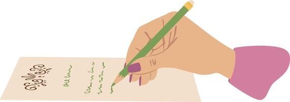 Woman using a green pencil to write notes on an elegant sheet of paper, embodying creativity and planning while engaging in journaling or organizing thoughts and ideas vector