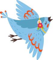 Cute cartoon blue bird flying joyfully while singing, adorned with a golden ribbon and surrounded by vibrant flowers, creating a cheerful illustration on a clean white background vector