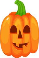 Halloween pumpkin featuring a carved smiling face, triangular nose, and glowing eyes, complemented by a vibrant green stem, all set against a clean white background vector