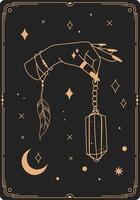 Elegant golden line art illustrating a fortune teller holding a crystal pendulum, surrounded by a feather, moon, stars, and geometric shapes on a black background vector