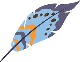 Light blue feather with orange and dark blue decorations is lying isolated on white background, representing lightness, hope, freedom, and softness vector