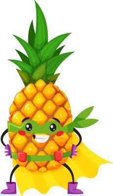 Cheerful pineapple character exuding confidence while wearing a superhero mask and cape, ready for action and embodying fun, strength, and playful bravery in a vibrant cartoon style